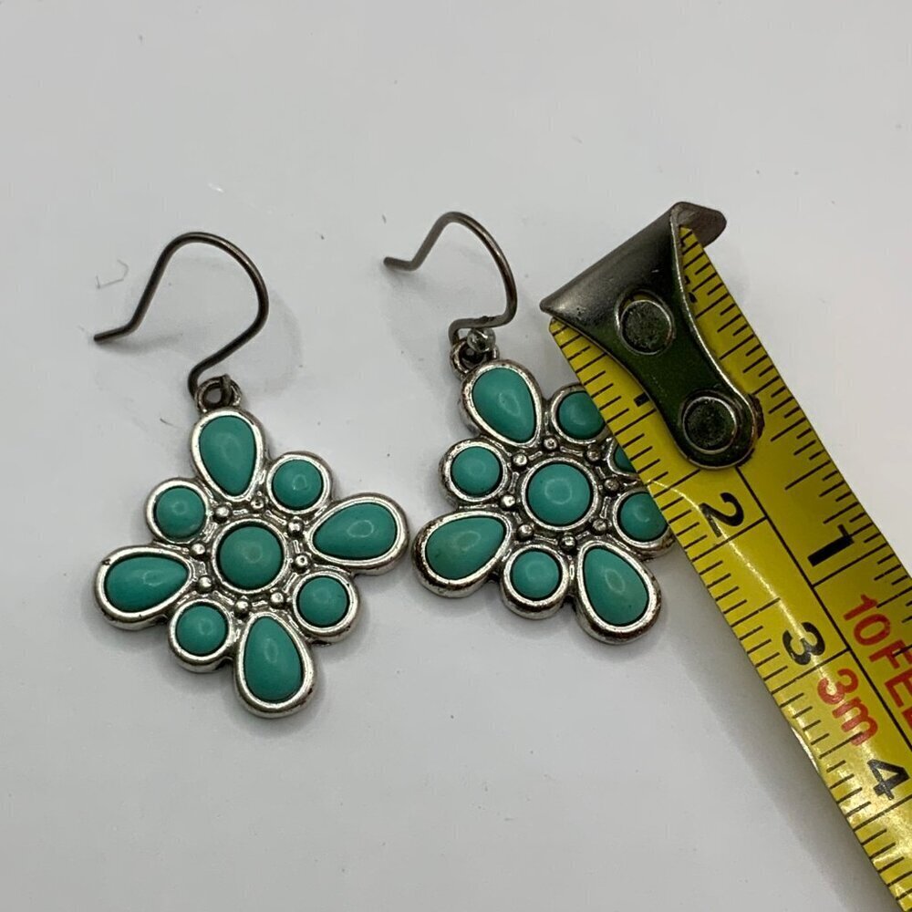 Lucky Brand Distressed Silver Tone Faux Turquoise Blossom Dangle Earrings - Picture 2 of 5